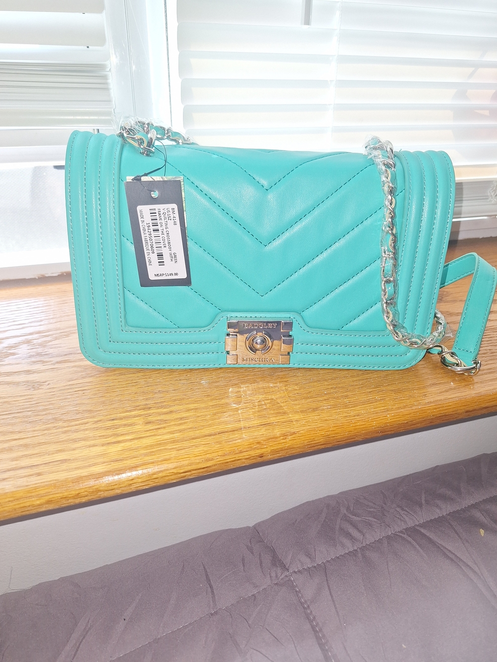 Badgley Mischka Turquoise Quilted Chain Crossbody Bag